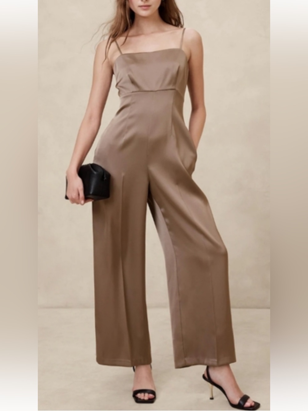 New with tags Banana Republic taupe satin strappy jumpsuit sz 8p